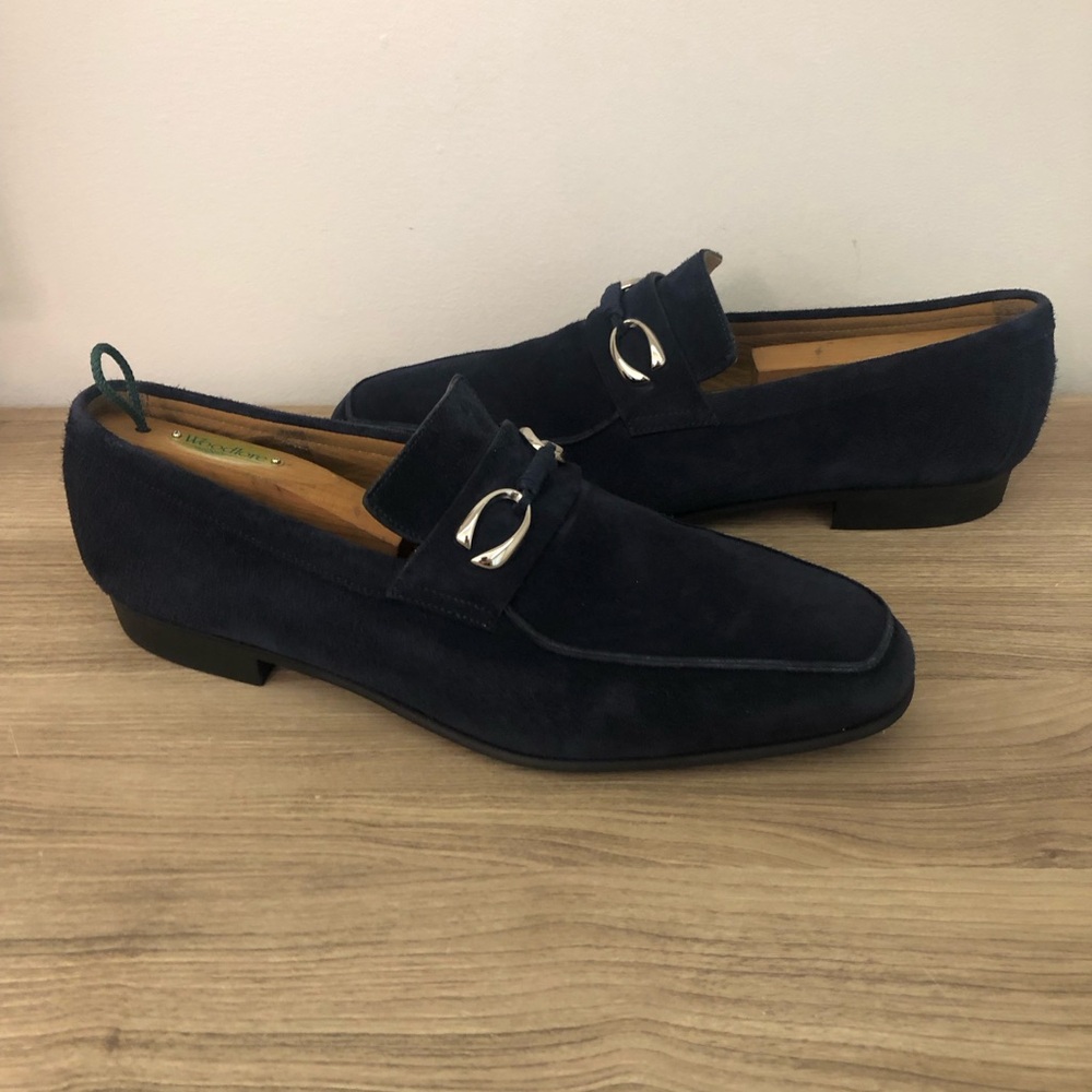 Corthay Cannes Blue Navy Suede Loafer Silver Finished Double C Logo Size 9.5